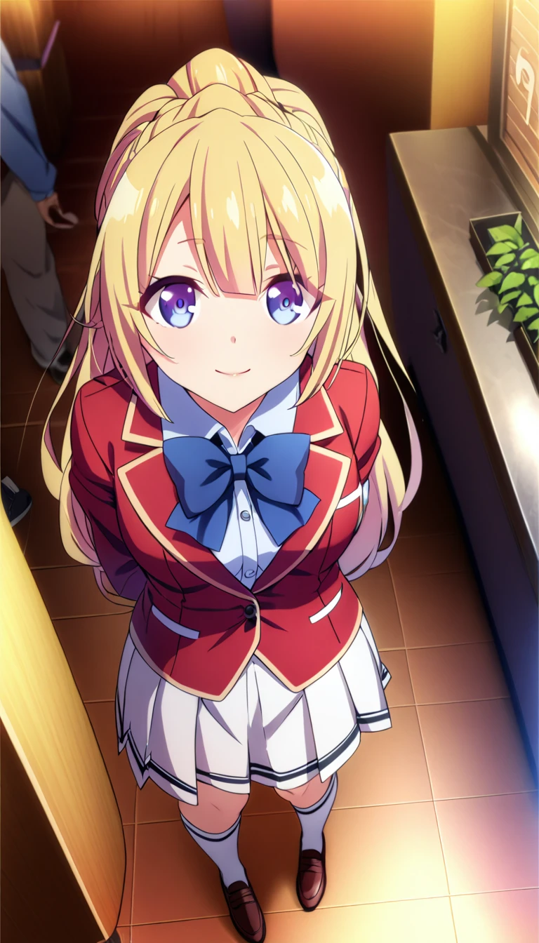 masterpiece, best quality, highres, ponytail hair, (single braid:1.2), hair ribbon, red blazer,buttoned blazer, blue bowtie, long sleeves, white skirt,knee socks,leather shoes,arms behind back, standing in restaurant ,smile,closed mouth,from above,score_9, score_8_up, score_7_up, score_6_up, s