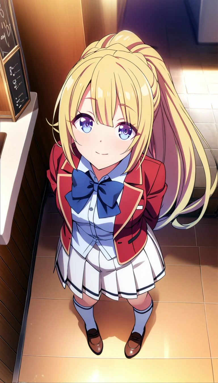 masterpiece, best quality, highres, ponytail hair, (single braid:1.2), hair ribbon, red blazer,buttoned blazer, blue bowtie, long sleeves, white skirt,knee socks,leather shoes,arms behind back, standing in restaurant ,smile,closed mouth,from above,score_9, score_8_up, score_7_up, score_6_up, s