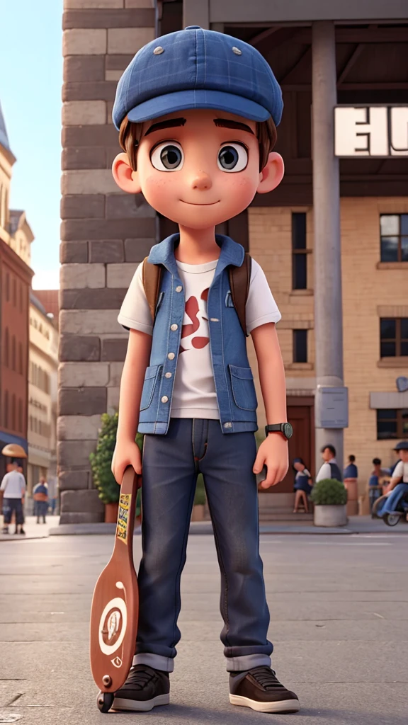 a boy in a cap. He is a student. he is in the square sitting on his skateboard