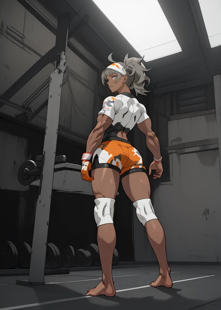 [Bea], [Pokemon], ((masterpiece)), ((high quality)), ((HD)), ((detailed shading)), ((beautiful solo portrait)), ((full body)), ((back view)), ((anime)), {attractive woman, (dark skin, long ponytails hair, (beautiful light-grey eyes), (thicc thighs), (gorgeous hips), (beautiful muscular legs), (beautiful feet), (defined muscles), (expressionless)}, {(short-sleeve shirt), (bodysuit under clothes), (print shorts), (single glove), (headband), (white knee pads), (barefoot)}, {(standing), (arms at sides), (looking ahead)}, [background; (gym), (ceiling lights), (ambient lighting)]