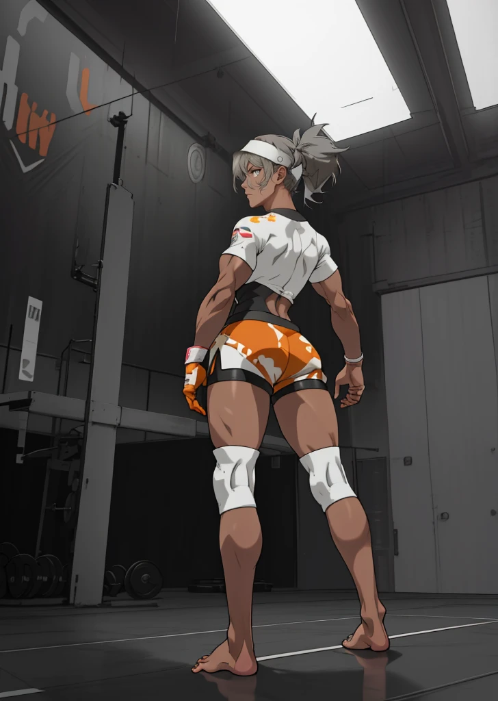 [Bea], [Pokemon], ((masterpiece)), ((high quality)), ((HD)), ((detailed shading)), ((beautiful solo portrait)), ((full body)), ((back view)), ((anime)), {attractive woman, (dark skin, long ponytails hair, (beautiful light-grey eyes), (thicc thighs), (gorgeous hips), (beautiful muscular legs), (beautiful feet), (defined muscles), (expressionless)}, {(short-sleeve shirt), (bodysuit under clothes), (print shorts), (single glove), (headband), (white knee pads), (barefoot)}, {(standing), (arms at sides), (looking ahead)}, [background; (gym), (ceiling lights), (ambient lighting)]