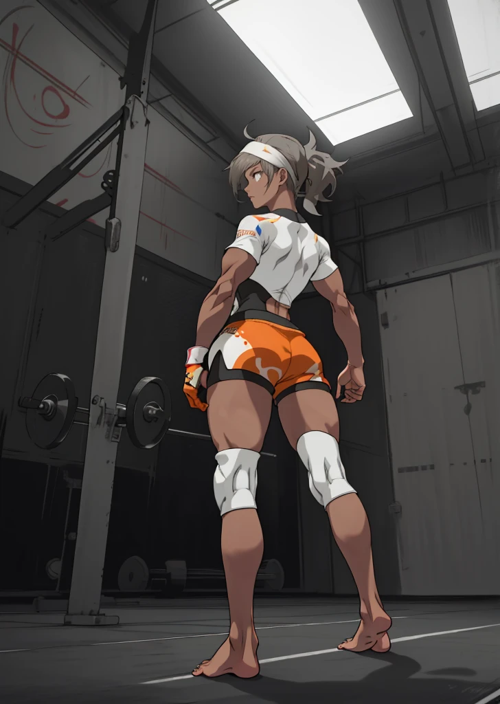 [Bea], [Pokemon], ((masterpiece)), ((high quality)), ((HD)), ((detailed shading)), ((beautiful solo portrait)), ((full body)), ((back view)), ((anime)), {attractive woman, (dark skin, long ponytails hair, (beautiful light-grey eyes), (thicc thighs), (gorgeous hips), (beautiful muscular legs), (beautiful feet), (defined muscles), (expressionless)}, {(short-sleeve shirt), (bodysuit under clothes), (print shorts), (single glove), (headband), (white knee pads), (barefoot)}, {(standing), (arms at sides), (looking ahead)}, [background; (gym), (ceiling lights), (ambient lighting)]