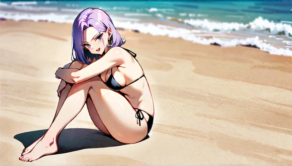 (masterpiece, best quality:1.2), full body, solo, Android 18 from Dragon Ball, 20s, ((string bikini, black bikini)), sitting, medium breasts, blunt bangs, short purple hair, (black eyes), earrings on earlobes, slim, skinny body, blush, sky, magnificent view, blur background, 4K, open mouth, beach, side-tie bikini bottom, smile, (Sandy Beach), barefoot, knees up, beautiful butt, (front view,) (hugging own legs), (crossed arms), side boob, cleavage, front side,