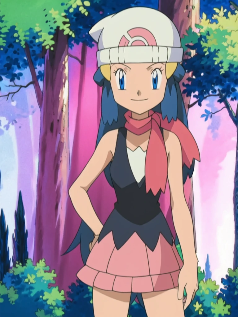 masterpiece, best quality, 1girl, dawn \(pokemon\), beanie, long hair, blue hair, blue eyes, black sleeveless shirt, pink scarf, pink skirt, pink boots, hands on hips, smile, looking at viewer, forest background