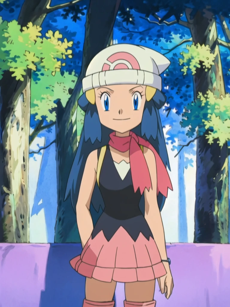 masterpiece, best quality, 1girl, dawn \(pokemon\), beanie, long hair, blue hair, blue eyes, black sleeveless shirt, pink scarf, pink skirt, pink boots, hands on hips, smile, looking at viewer, forest background