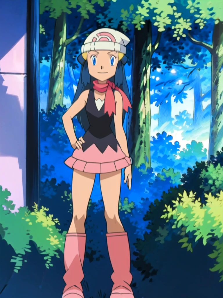 masterpiece, best quality, 1girl, dawn \(pokemon\), beanie, long hair, blue hair, blue eyes, black sleeveless shirt, pink scarf, pink skirt, pink boots, hands on hips, smile, looking at viewer, forest background