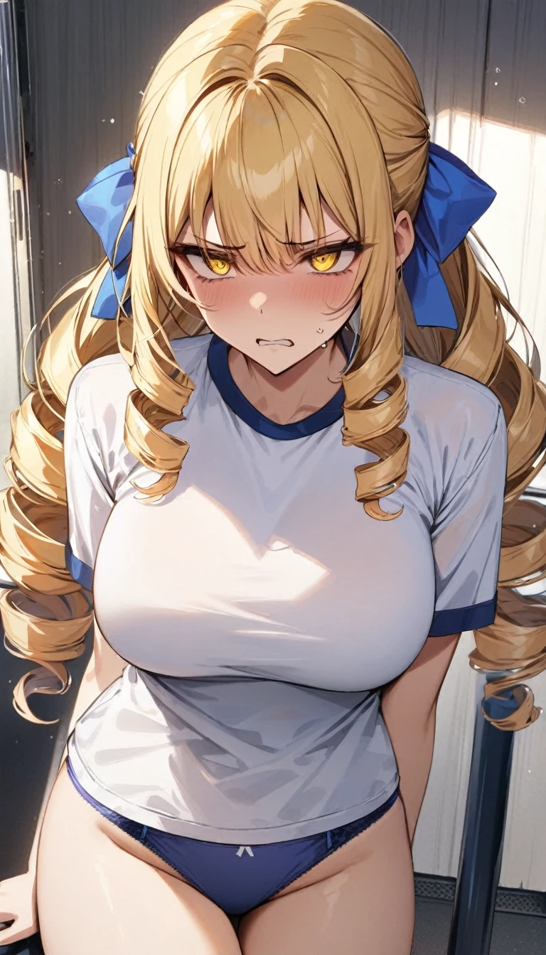 masterpiece, best quality, 1girl, solo, blonde hair, drill hair, long hair, yellow eyes, blue headbows, school sport outfit, white t-shirt, blue panties, large breasts, disgust, w arms, standing