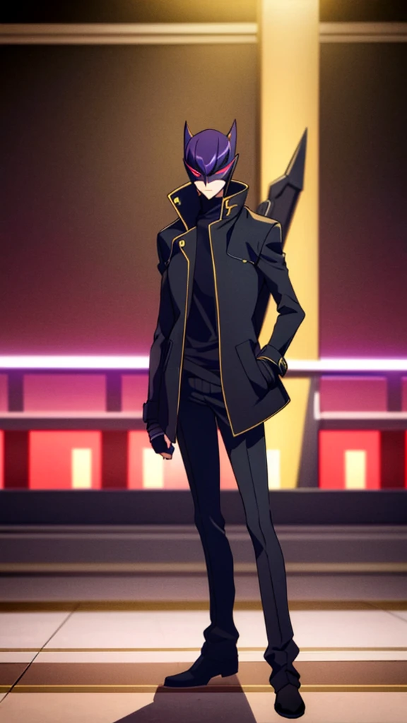 Male, teenager, vigilante, wearing dark clothes, a coat, and a mask, athletic build, hands in pockets, standing at attention, nighttime setting, lone figure, facing viewer, fully in frame, full body shot, Code Geass style, codeGeass, CODEGEASS