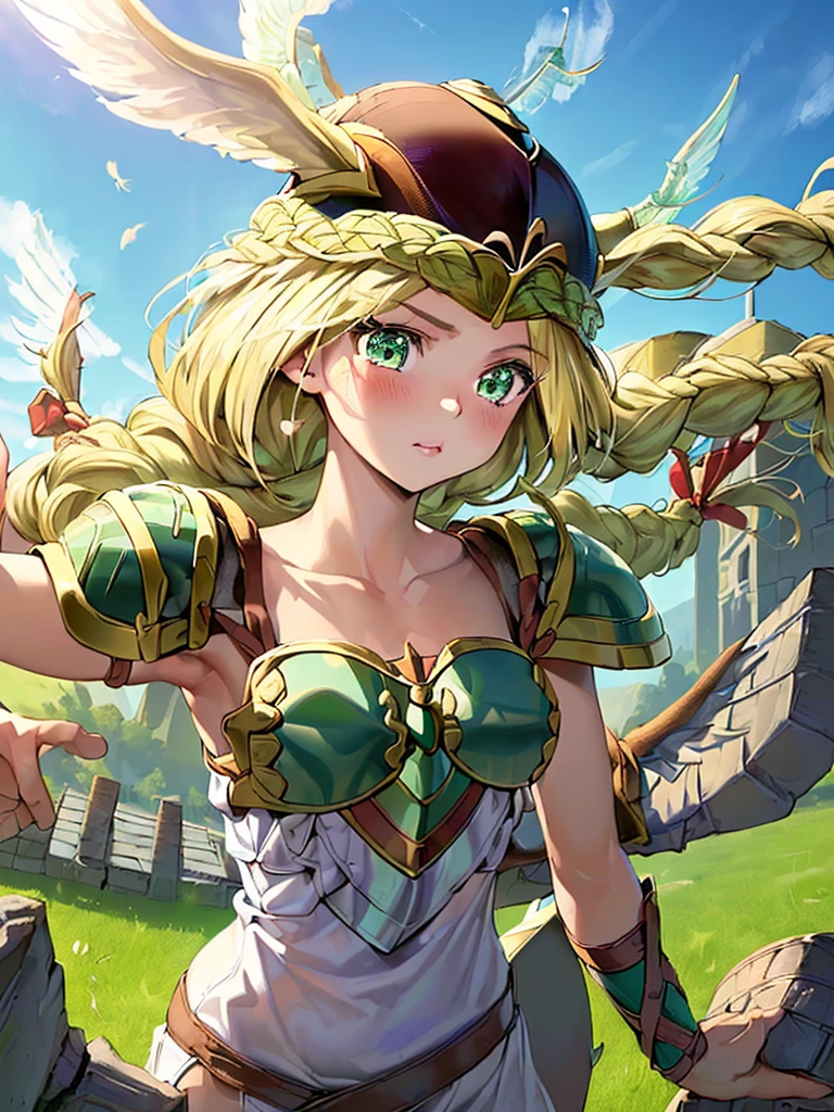 masterpiece,best quality, 1girl, 18yo, beautiful girl,BREAK,(Armor:1.8),(Helmet with wings:1.7),(Beautiful blonde,braid,Green Eyes:1.5),BREAK,(naughty face, naughty:1.3),BREAK, (blue sky:1.4),(She flies in the sky:1.5),(She descends from the sky:1.3),