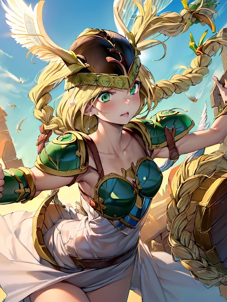 bikini,bikini top,blonde hair,braid,breasts,cloud,clouds,detached sleeves,female,female only,from below,green eyes,headband,human,long hair,midriff,panties,pantyshot,ribbon,scarf,skirt,sky,smile,solo,standing over viewer,swimsuit,underboob,underwear,upskirt,yellow panties