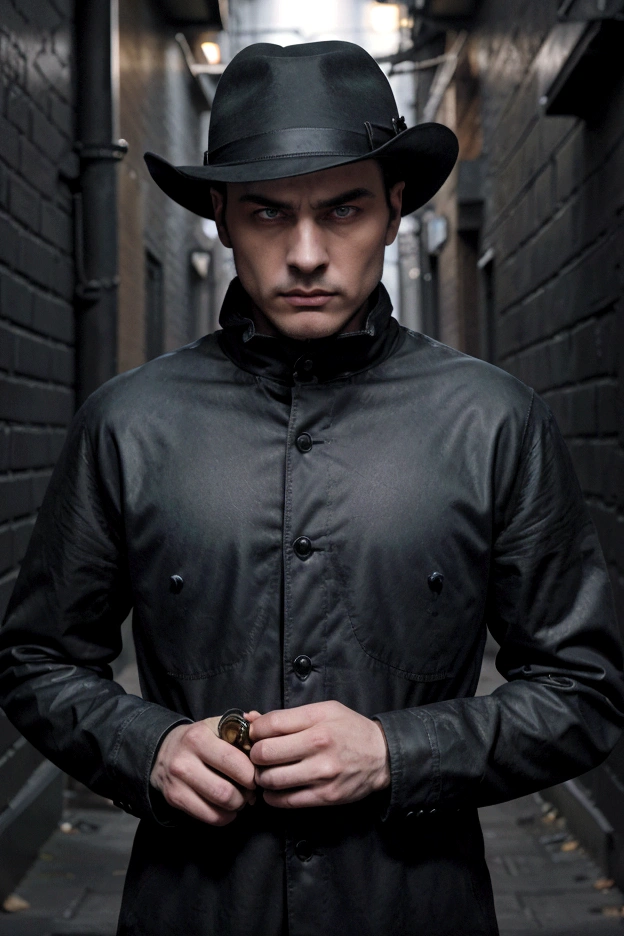 a man with a stern look with a slight stubble with blue eyes with a thin face with brows, with a piercing gaze, dressed in the black clothes of a city killer, dressed in a gray hat, holding a golden revolver, against the backdrop of a dark alley of a night city, in the style of crime, noir