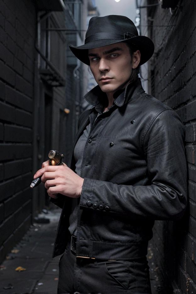 a man with a stern look with a slight stubble with blue eyes with a thin face with brows, with a piercing gaze, dressed in the black clothes of a city killer, dressed in a gray hat, holding a golden revolver, against the backdrop of a dark alley of a night city, in the style of crime, noir