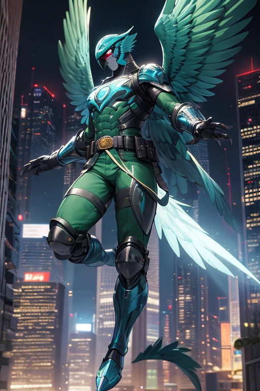 ((best quality)), ((masterpiece)), (detailed), 1 man, full body, 25 years old, masked, blue mask, blue head, uncovered mouth, biker helmet, blue helmet, parrot helmet, black neck, tall, thin, black beak, black details, a green parrot with a blue head on his side, metallic wings, wings on his arms, blue fingerless gloves, blue wristbands, luminous blue wings shooting lasers, blue suit resembling light armor, blue suit with an emblem, entirely green chest, emblem on his chest, green pants, deployable bird tail, metallic feathers, gray knee pads, metallic gray boots, metallic bird claws, black superhero belt, flying through the city, midday city background, anime