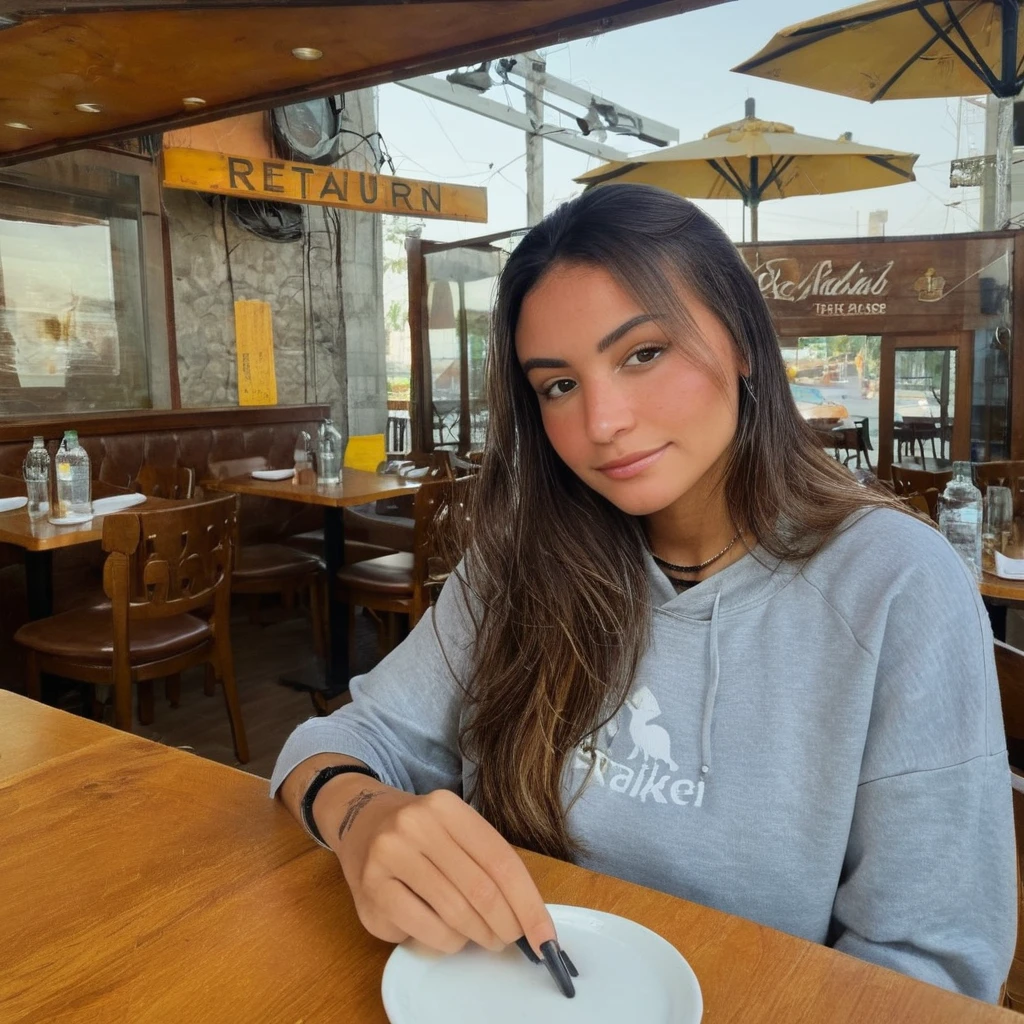 (best quality, highres, realistic:1.37), 30-year-old Latina woman, long blonde hair, honey-colored eyes, sitting in a cafeteria, eating a stuffed arepa, warm natural lighting, vibrant colors, detailed facial features, cozy atmosphere, lively background, steam rising from the arepa, authentic Venezuelan cuisine, joyful expression on her face, casual attire, people chatting and laughing in the background, inviting aroma of freshly brewed coffee, soft background music, wooden furniture, comfortable seating area, bustling ambiance.