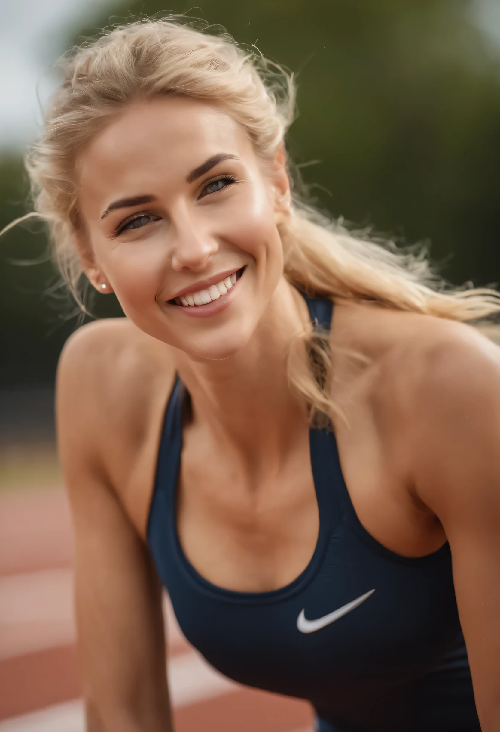 ((work of art, Superior image quality, high resolution、standing alone、breasts small、Sleeveless uniforms on land、Track and field athlete、Blonde high ponytail hairstyle、without bra、Esbian full body、a smile、A slight smile、Tecateca Pele、shining skin))、sweaty face、latin, puberty, full of sweat、red lipsticks、Stroll along the tracks of the athletics stadium、standing alone、On both hands and hips、The navel is visible、((Thigh raise workout))、((Running on the track))、(((macho body)))、((Uniform wet with sweat))、(((see the whole body)))