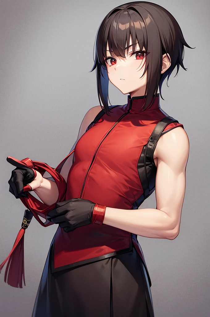 man , low taper haircut , wear a hashira clothes , tall , red black eyes , dark hair , ninja , strong ,