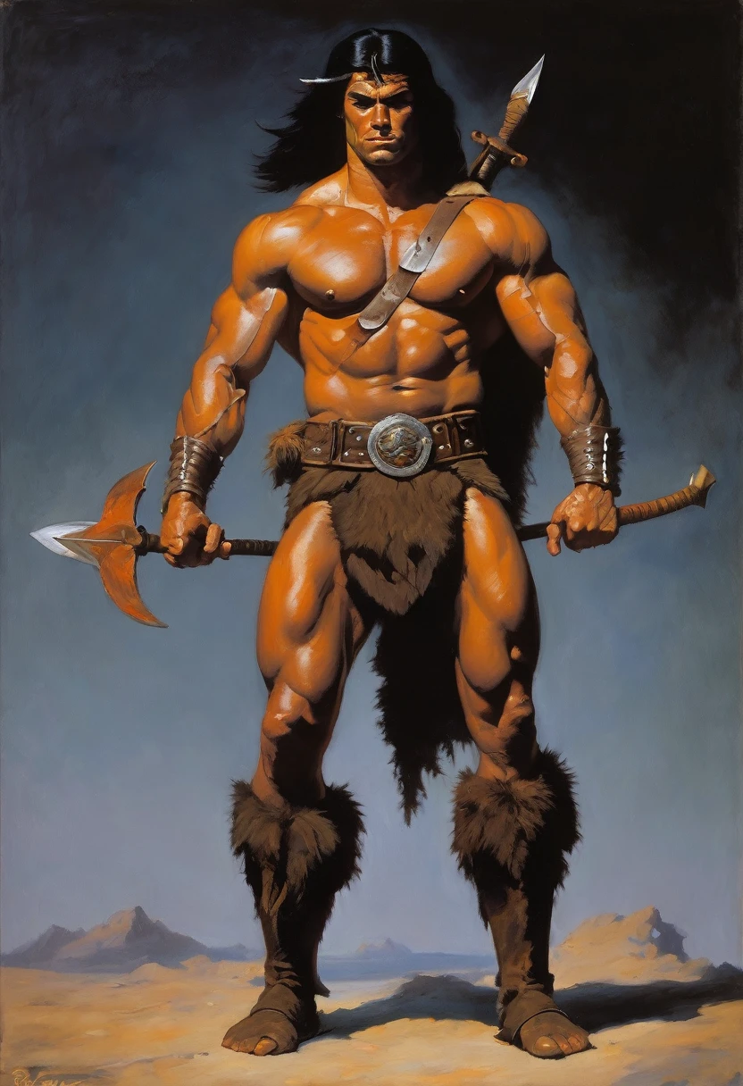 Kan The Barbarian man black hair muscular body (painting of frank frazetta),(inspired by frank frazetta:1.2),fantasy theme,(oil painting)