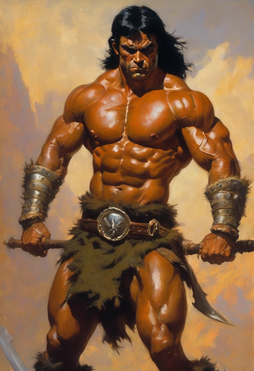 Kan The Barbarian man black hair muscular body (painting of frank frazetta),(inspired by frank frazetta:1.2),fantasy theme,(oil painting)