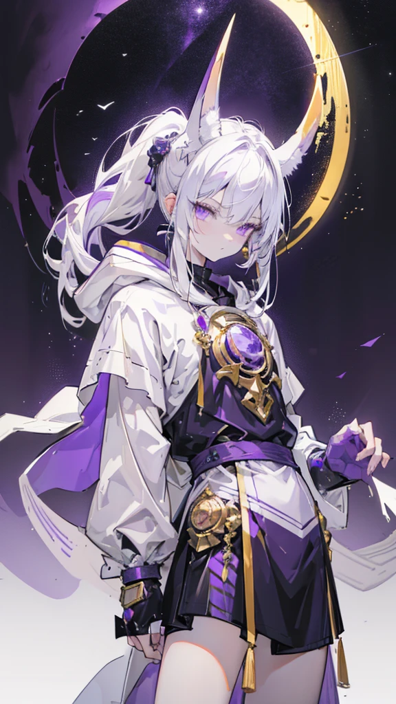 Boy Rabbit. white hair braided in a ponytail on the left side to one side. winding dark purple horns wrapped in dark purple ribbon. golden halo above your head. pale violet eyes. in short white shorts. long white T-shirt. white knee-high socks. white long cloak with a hood on the inside, dark purple mantle with gold ornaments. concrete corridor. space at the end of the corridor and the moon. purple light falls from above