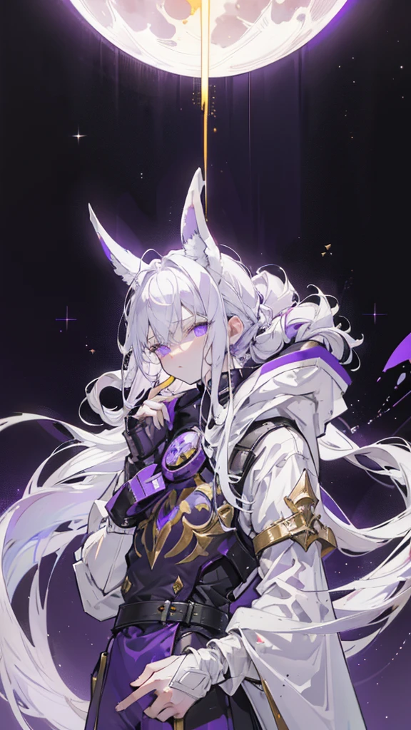 Boy Rabbit. white hair braided in a ponytail on the left side to one side. winding dark purple horns wrapped in dark purple ribbon. golden halo above your head. pale violet eyes. in short white shorts. long white T-shirt. white knee-high socks. white long cloak with a hood on the inside, dark purple mantle with gold ornaments. concrete corridor. space at the end of the corridor and the moon. purple light falls from above