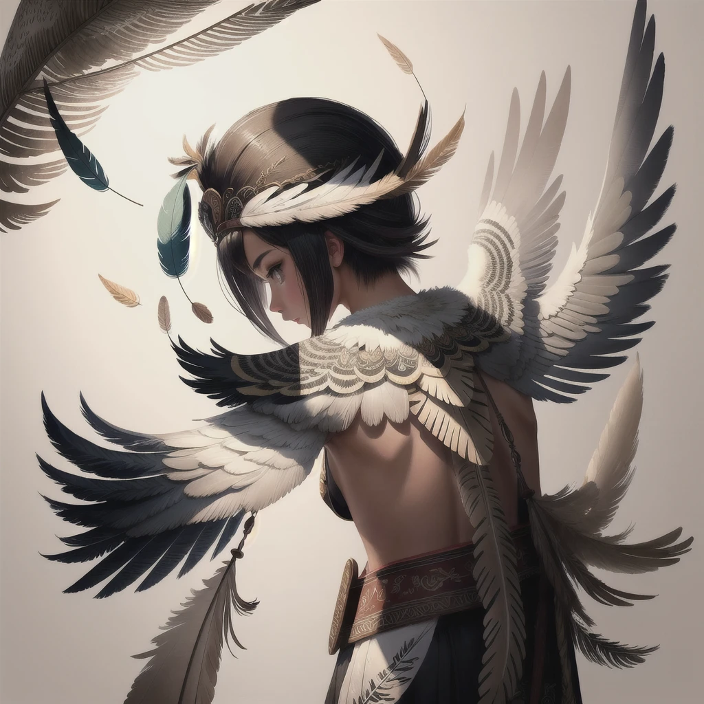 Feathers of Wisdom: Stylized feathers that turn into words or symbols, representing the search for understanding and expression of thought