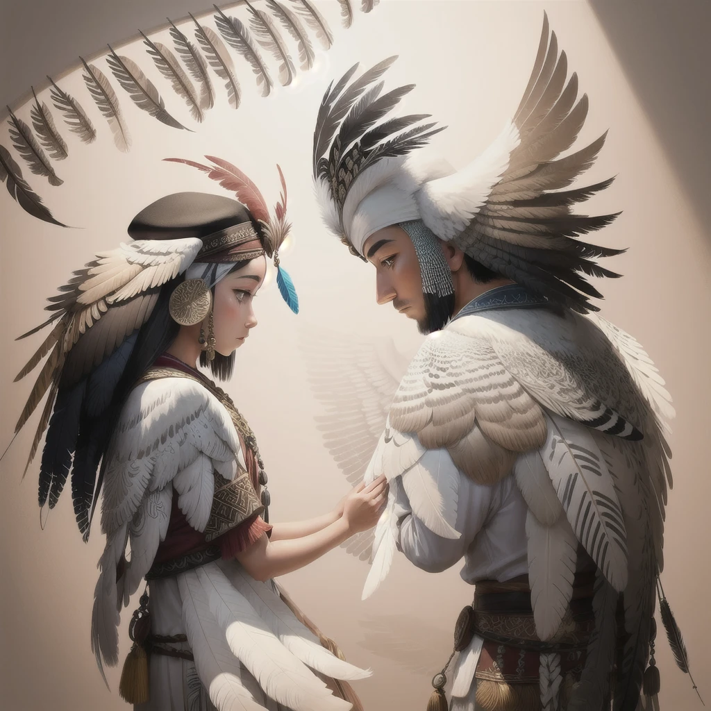 Feathers of Wisdom: Stylized feathers that turn into words or symbols, representing the search for understanding and expression of thought