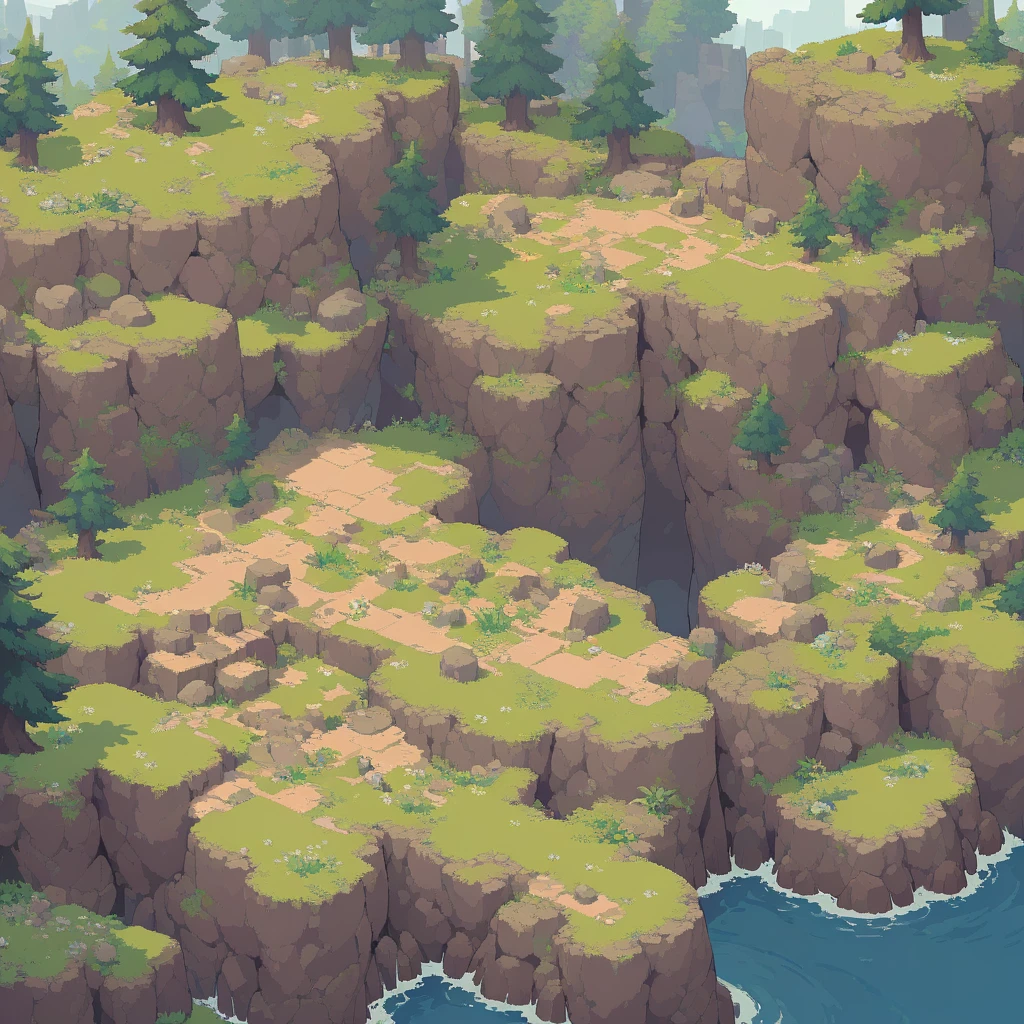 retro video game style,pixelated, vibrant pastel colors,8-bit characters,blocky shapes,sharp lines,detailed shading,classic gaming vibe,nostalgic atmosphere,classic arcade games,masterpiece:1.2,ultra-detailed,illustration style, 2d texture, stone texture, 4 k seamless mud texture, video game texture, dirt texture, tileset, game tiles, grass, 3/4th perspective trees, 3/4th perspective tileable rock texture, 3/4th perspective tileable cliff formations, tileable trees, topdown view, game texture, game art, tileable texture, very detailed cliff texture, intricate stones, top down view, 3/4th perspective