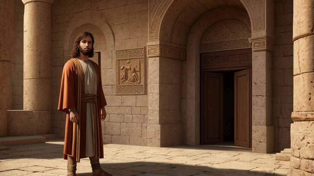 Realistic photo of Daniel, a young Hebrew man from biblical times in ancient New Babylon, In the lion's den, Daniel is the main character, Daniel is standing in the center of Cova, on Daniel's return some are lying down, others are standing, calmos