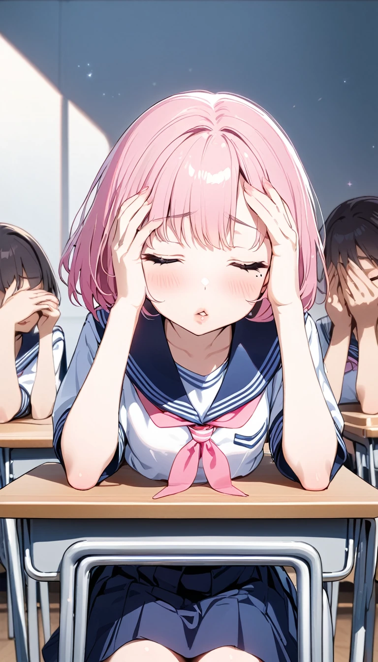 (1 girl),(Best Picture Quality, 8K, Masterpiece:1.3), (high school student:1.5), ((pink lob hair:1.1)), (bob cut),(swept bangs), (cute eyes, pupil black, iris skyblue, youthful face), (mole under right eye), (standard weight), (small breasts), (glistening skin:1.1),(pale skin:1.2), ((serafuku, white sailor short sleeve simple shirt, darkblue skirt, darkblue sailor collar, pink ribbon)),(sitting on a chair),(a class in session),((hands up,elbows on desk, face palm)),((front view:1.3)),(closed eyes, thin lips, kissing viewer)