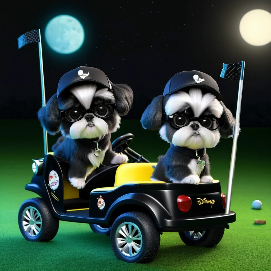 2 Adorable small black Shih Tzu puppies wearing baseball cap and glasses crash golf cart at night Disney background 3d cartoon 3d render disney pixar style