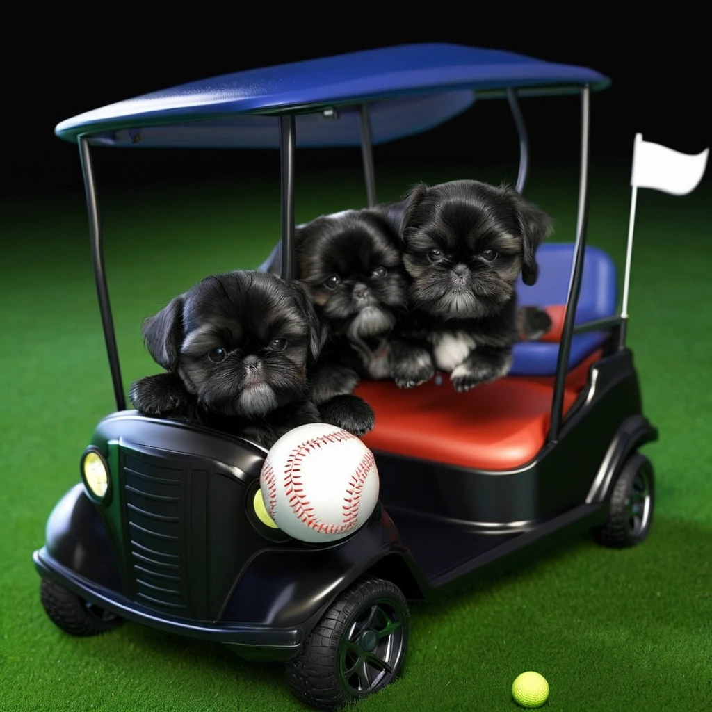 2 Adorable small black Shih Tzu puppies wearing baseball cap and glasses crash golf cart at night Disney background 3d cartoon 3d render disney pixar style