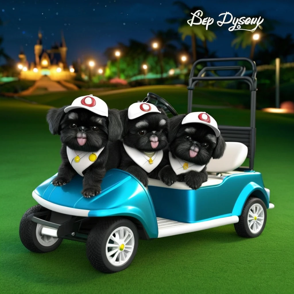2 Adorable small black Shih Tzu puppies wearing baseball cap and glasses crash golf cart at night Disney background 3d cartoon 3d render disney pixar style