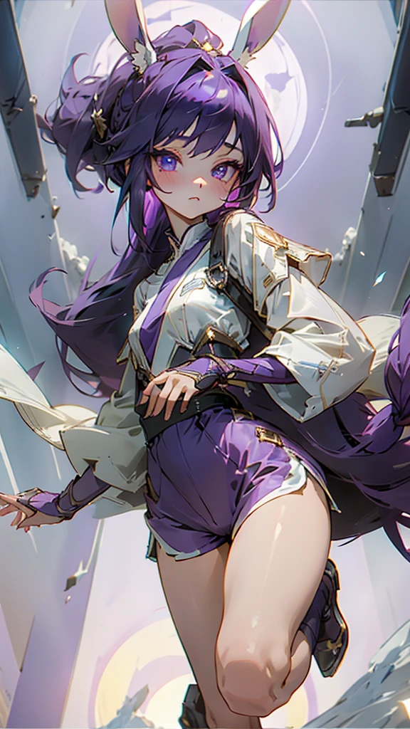 a girl with dark purple hair braided in a ponytail on the left side. bunny ears folded back. eyes dark purple with a blue moon under the pupil. in short dark purple shorts. long white T-shirt. dark purple knee-high socks. dark purple robe with a pattern of gold circles and a white robe on the inside. in hand there is a mechanical small golden sphere with a blue crystal inside. white corridor with stairs. knee-deep in snow, rays of light from above