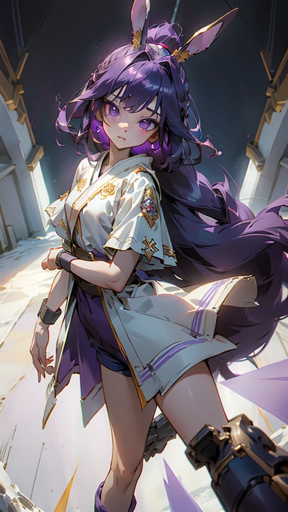 a girl with dark purple hair braided in a ponytail on the left side. bunny ears folded back. eyes dark purple with a blue moon under the pupil. in short dark purple shorts. long white T-shirt. dark purple knee-high socks. dark purple robe with a pattern of gold circles and a white robe on the inside. in hand there is a mechanical small golden sphere with a blue crystal inside. white corridor with stairs. knee-deep in snow, rays of light from above