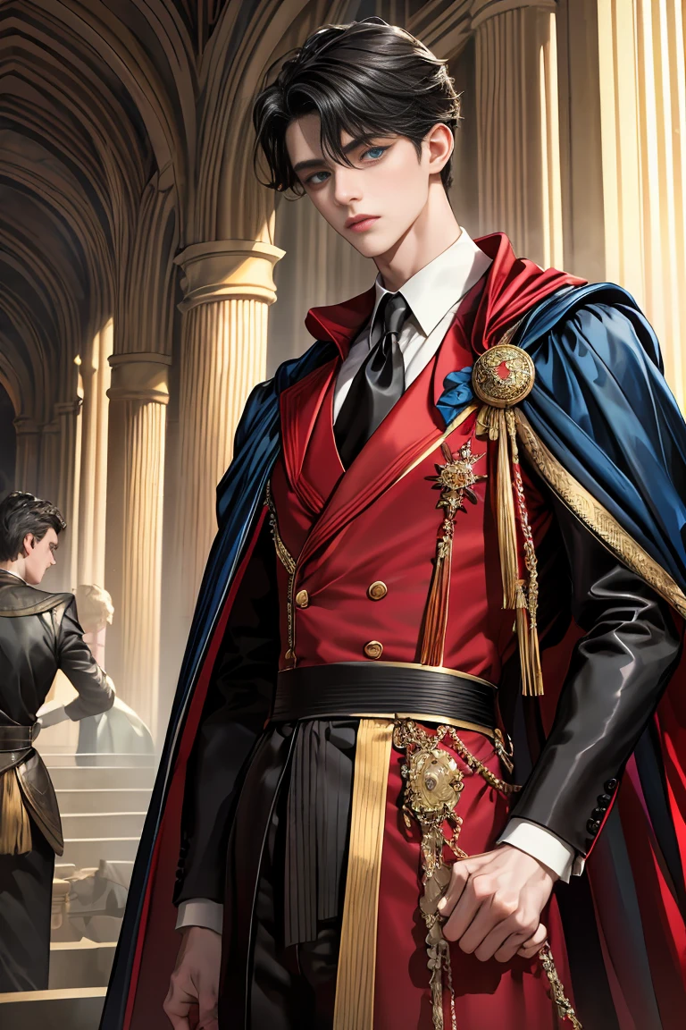 
masterpiece, 最high quality, high quality, 1 boy, alone, Male focus, Watching the audience,  Messy black hair, Adorable big blue eyes, White people, Noble, Noble,Sexy voluminous black and red cape、Tuxedo、A very voluminous, large, very large, very large, long, long red and black cape with a high stand-up collar, reaching down to the floor, made of a lot of fabric., 17 years old,Cute beautiful boys,Cute, cute, kind, handsome guy