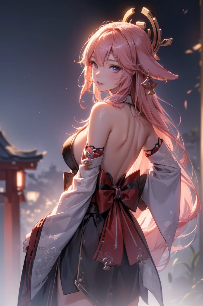 ((yaemikodef)):1.5, ((masterpiece,Highest quality,Highly detailed images,Beautiful images)), (Image of yaemiko smiling in front of lightning、Overall dim lighting、Backlight、Fantastic dark atmosphere、Thick Fog、Dust flutters),(stand, from backside.)1.2, sideboob
