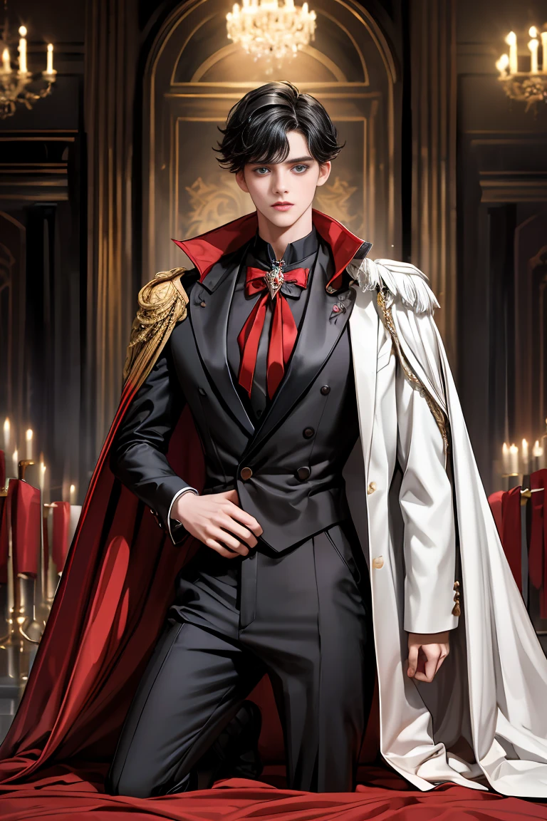 masterpiece, 最high quality, high quality, 1 boy, alone, Male focus, Watching the audience, Messy black hair, Adorable big blue eyes, White people, Noble, Noble,Sexy voluminous black and red cape、Tuxedo、A very voluminous, large, very large, very large, long, long red and black cape with a high stand-up collar, reaching down to the floor, made of a lot of fabric., 17 years old,Cute beautiful boys,Cute, cute, kind, handsome guy