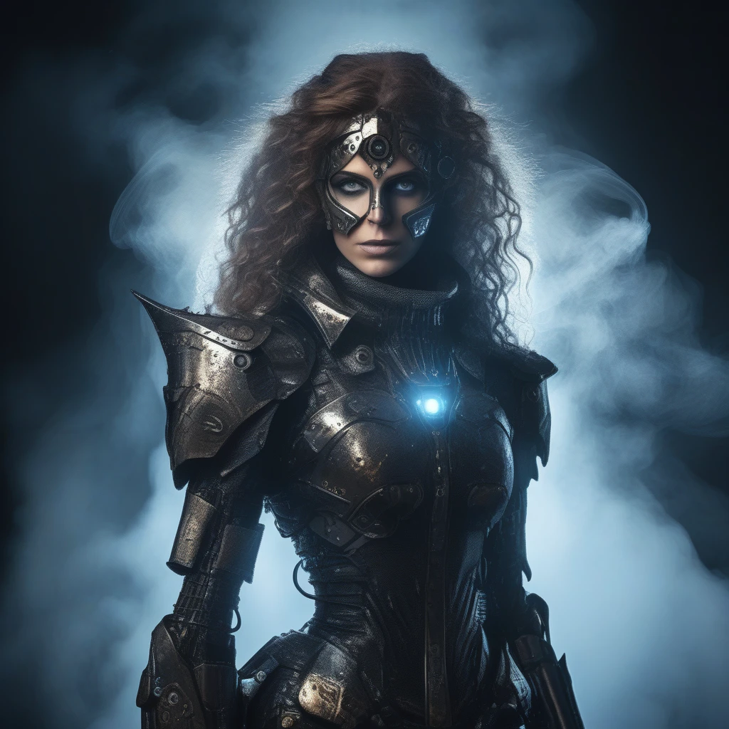 Beautiful medival-styled cyborg warrior woman in rusty magic style, cyberpunk rise, Cyber Software, retro medival cyborg, carbon fibers, cromar,  Cybernetic plate armor, (dark atmosphere:1.2), (fog & Smoke billowing), (It&#39;s dark night:1.3), The scars, (medium length shaggy dark hair:1.1), (eye shadows:1.1), (beautifully detailed glitter:1.2), (cinematic lighting), intricate details, A high resolution, rounded eyes, Detailed facial features, sharp focus, seeds, aesthetic, cleavage cutout, deep cleavage, very-large breasts, exposed underboob, underboob armor cutout, exposed her midriff, Detailed dark foundry background, Stylish poses, dynamicposes, (dramapaint), beautiful elegant face, flowing natural brunette hair,