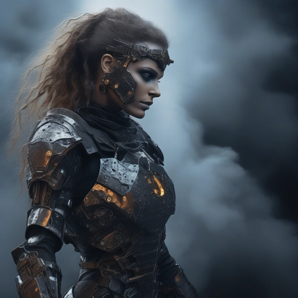 Beautiful medival-styled cyborg warrior woman in rusty magic style, cyberpunk rise, Cyber Software, retro medival cyborg, carbon fibers, cromar,  Cybernetic plate armor, (dark atmosphere:1.2), (fog & Smoke billowing), (It&#39;s dark night:1.3), The scars, (medium length shaggy dark hair:1.1), (eye shadows:1.1), (beautifully detailed glitter:1.2), (cinematic lighting), intricate details, A high resolution, rounded eyes, Detailed facial features, sharp focus, seeds, aesthetic, cleavage cutout, deep cleavage, very-large breasts, exposed underboob, underboob armor cutout, exposed her midriff, Detailed dark foundry background, Stylish poses, dynamicposes, (dramapaint), beautiful elegant face, flowing natural brunette hair,