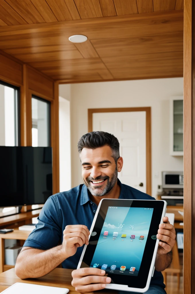 Happy man with a large tablet