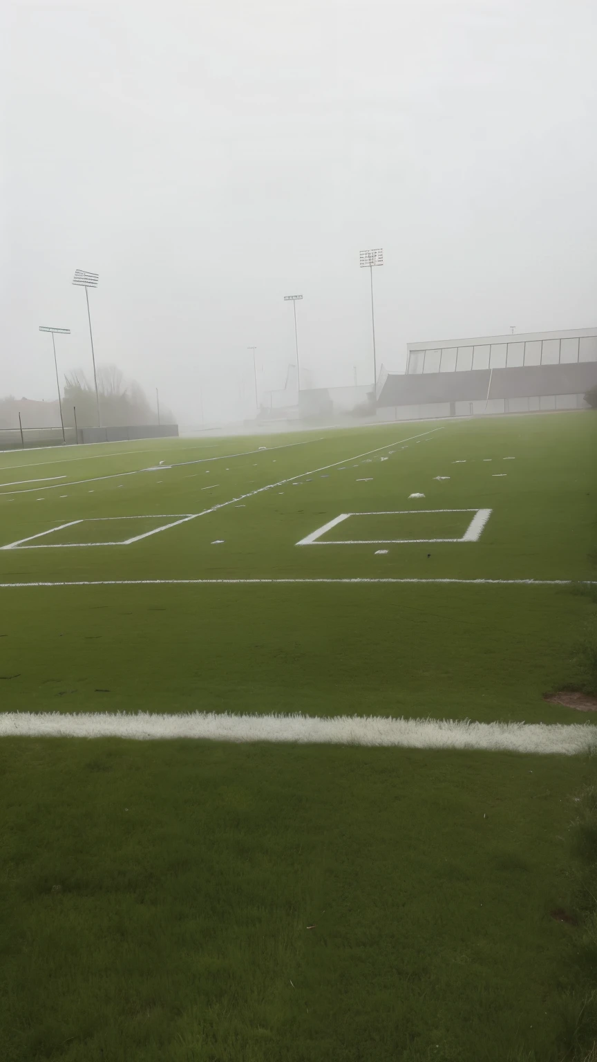 Destroyed football field , with fog around
