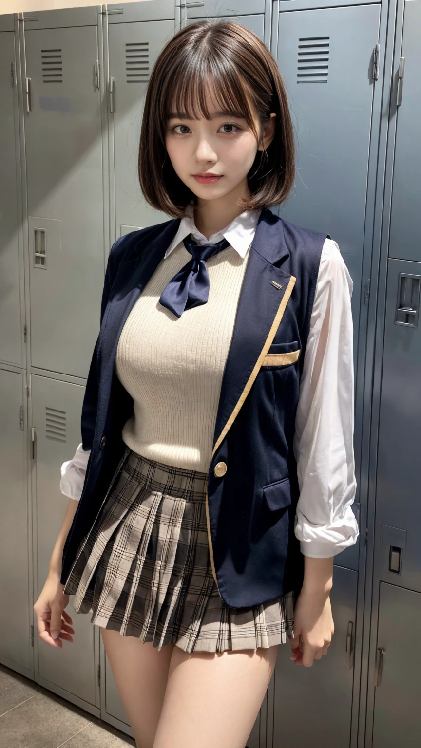 masterpiece, best quality, illustration, Super detailed, fine details, High resolution, 8K,wall paper, perfect dynamic composition,(Details High quality, realistic depiction of eyes:1.3), (Toilet cubicles:1.2), (urinal)、High school girl uniform、blazer 、Super Short Check Uniform Skirt、Navy blue high socks、garterbelts、 large breasts, expresses the roundness and softness of your chest, Don't expose it、Disturbed uniform, ponytail, black hair color, Big Natural Color Lip, perfect body shape, crying a little、Harajuku style、20 year old girl、cute type, beautiful legs, Gravure Idol