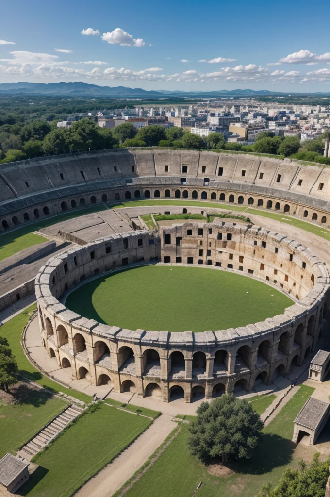 Big city of the feudal era with the view from above, containing a coliseum