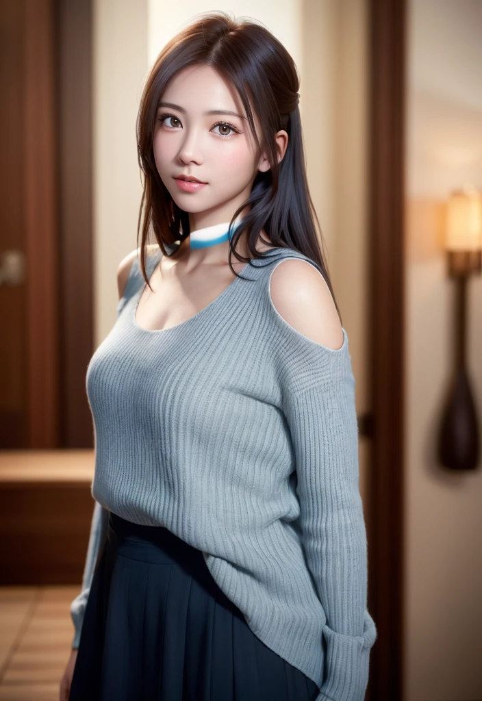 8K, of the highest quality, masutepiece:1.2), (Realistic, Photorealsitic:1.37), of the highest quality, masutepiece, Beautiful young woman, Pensive expression,、A charming、And a gentle look, Cute young lady, Newlywed life、Welcome back、Happy expression、Hair tied back, Cinematic background, Light skin tone