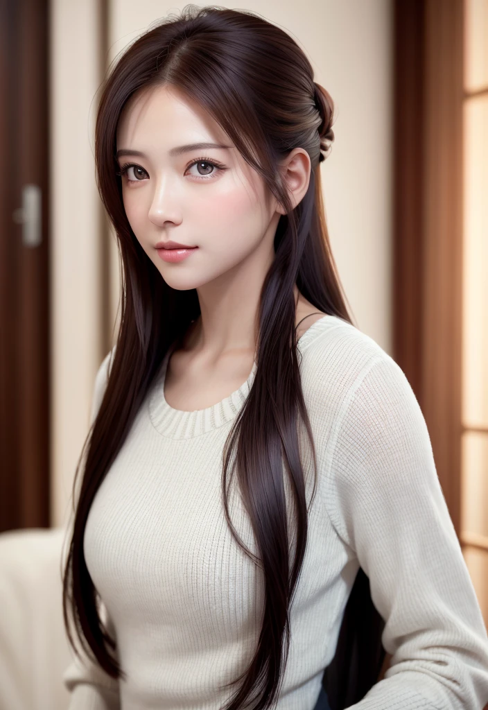 8K, of the highest quality, masutepiece:1.2), (Realistic, Photorealsitic:1.37), of the highest quality, masutepiece, Beautiful young woman, Pensive expression,、A charming、And a gentle look, Cute young lady, Newlywed life、Welcome back、Happy expression、Hair tied back, Cinematic background, Light skin tone