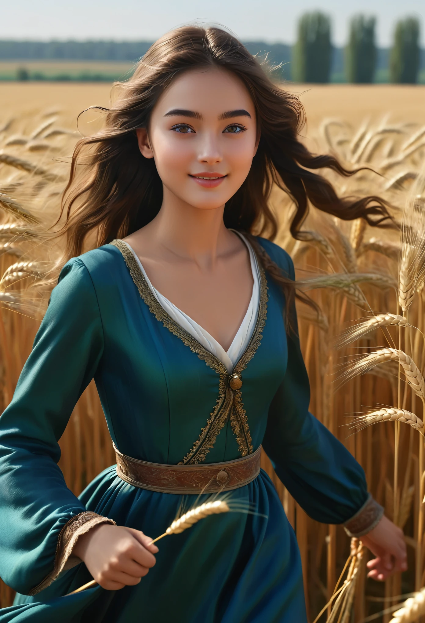 1 Girl, alone, running, (Tall wheat field), Turn around, Emerald Eyes, long blue dress, middle ages, Middle ages costume, long sleeves, Light from behind, Shadow of a person, smile, Laughter, (blue sky), Wheat background, Standing at a distance, Looking at the audience, full length, (realistic,photorealistic,photo-realistic:1.37), a -yeld Frh girl, (She is half French and half Asian, and is a stunning beauty with detailed eyes and a high nose:1.1), thick eyebrows, detailed facial features, long graceful neck, flowing locks of hair, poised and elegant posture, (best quality,4k,8k,highres,masterpiece:1.2), ultra-detailed, (realistic,photorealistic,photo-realistic:1.37),(Numerous award-winning masterpieces, incredibly detailed and textured, maximal resolution and clarity), (Hyper-realistic:1.4)