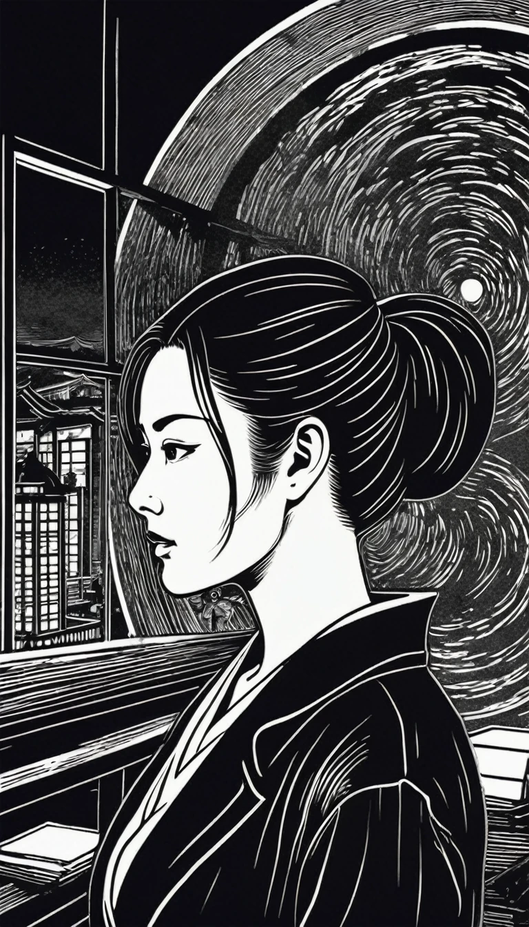 (Black and white woodcut:1.5)、(Second floor in black and white.)、foreground, dark and sinister atmosphere、using circular lenses, profile face of a female doctor, long black hair, with long ponytail, huge breasts, wearing a long doctor&#39;s coat, next to a microscope in a chemical laboratory, smiling at the viewer, Mysterious、