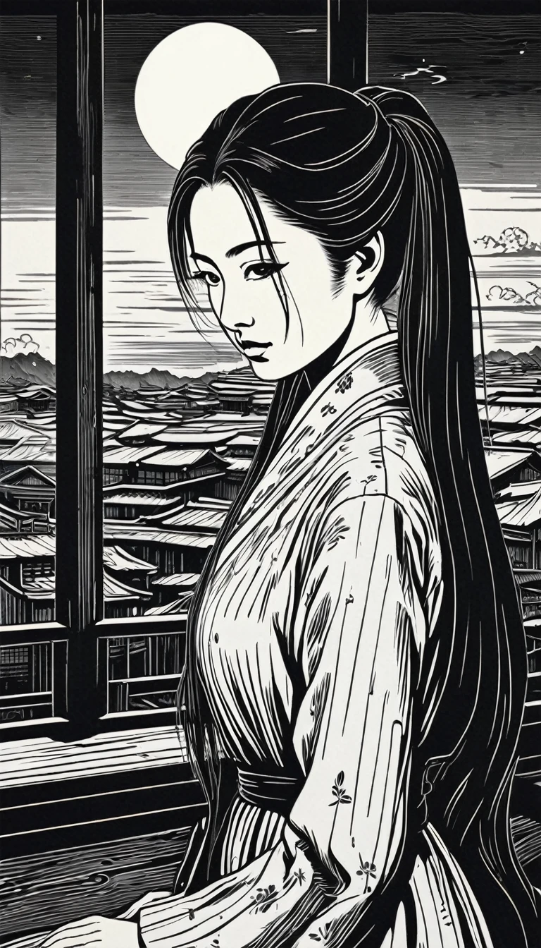 (Black and white woodcut:1.5)、(Second floor in black and white.)、foreground, dark and sinister atmosphere、using circular lenses, profile face of a female doctor, long black hair, with long ponytail, huge breasts, wearing a long doctor&#39;s coat, next to a microscope in a chemical laboratory, smiling at the viewer, Mysterious、