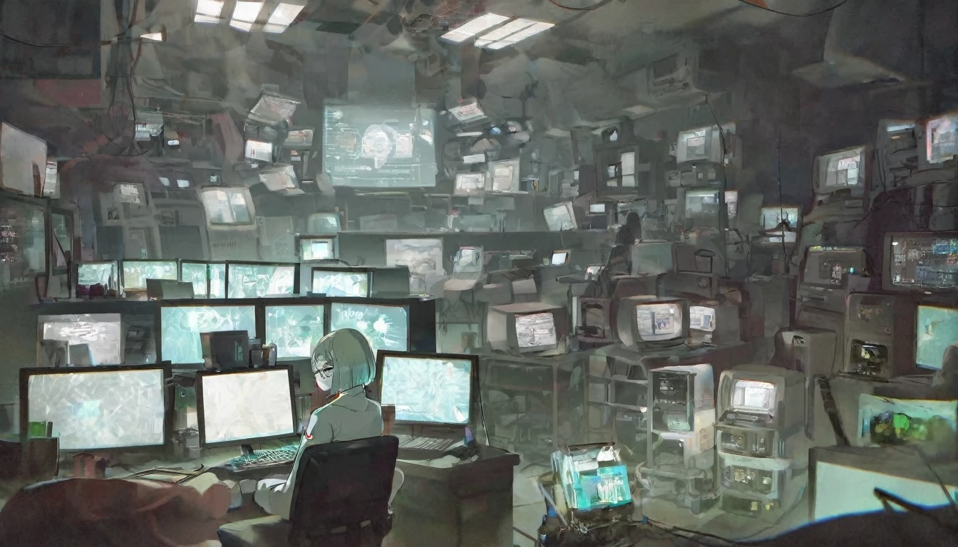 score_9, score_8_up, score_7_up, score_6_up, best aesthetic, Arcane, 1girl glasses bangs, watching monitors, multiple multiple monitors, hologram, messy room, shadow, dim light, dark room. messy, detailed background, science fiction, cyberpunk retro dystopian futuristic
