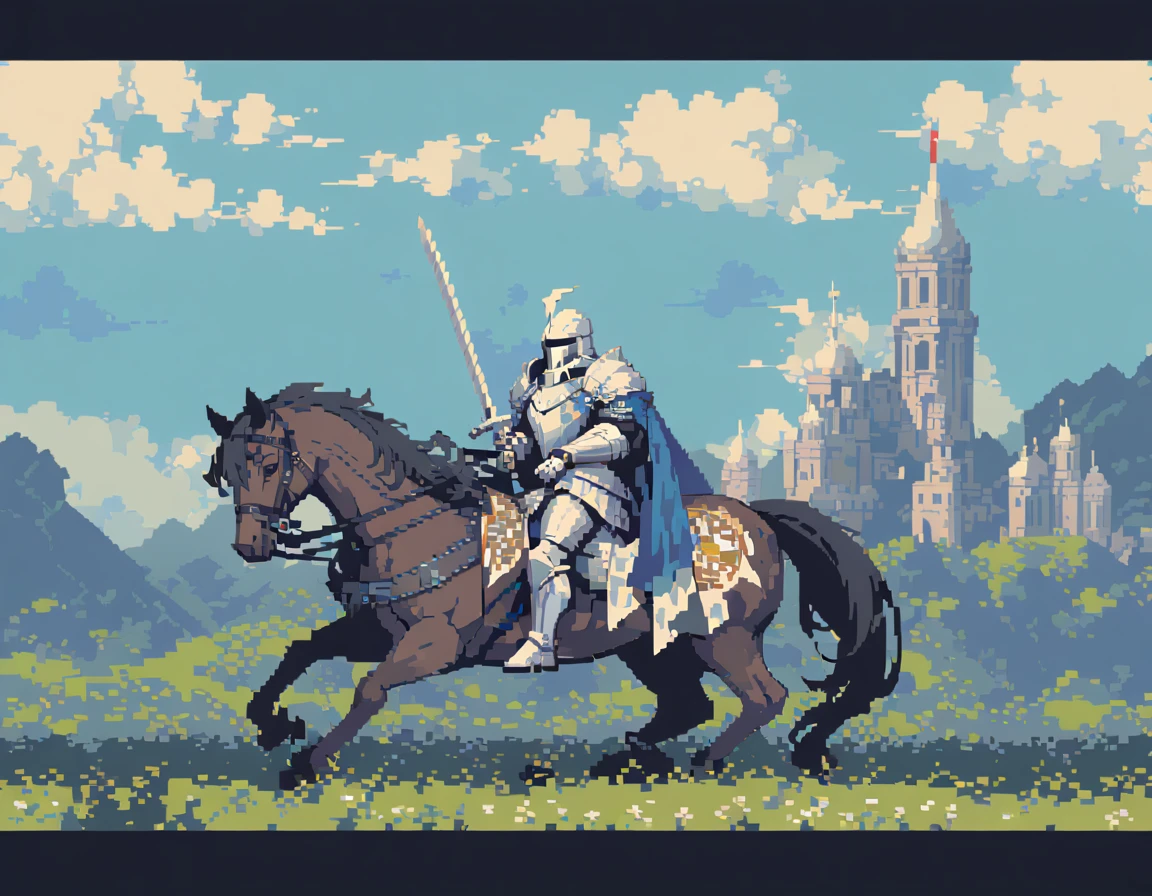 Pixel Art,Pixelated,8 bit,Retro game,Dim colors,Retro Style,Pixel animation,Low resolution，Dark Style，knight，拿剑的knight